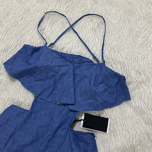Zara blue denim ruffle cutout romper size medium new - Picture 3 of 6